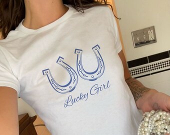 Lucky Girl Baby Tee, Horseshoe Tee, Cute Shirt, Y2K Shirt, Gift for Her, Girly Shirt,Soft Girl Era, Lucky Shirt, Cool Girl, Girly Gifts