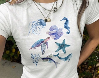 Ocean Baby Tee, Fish Baby Tee, Trendy Coastal Shirt, Vintage Graphic Tee, Beach Summer Baby Tee, Tee Seashell Shirt, Water Tee
