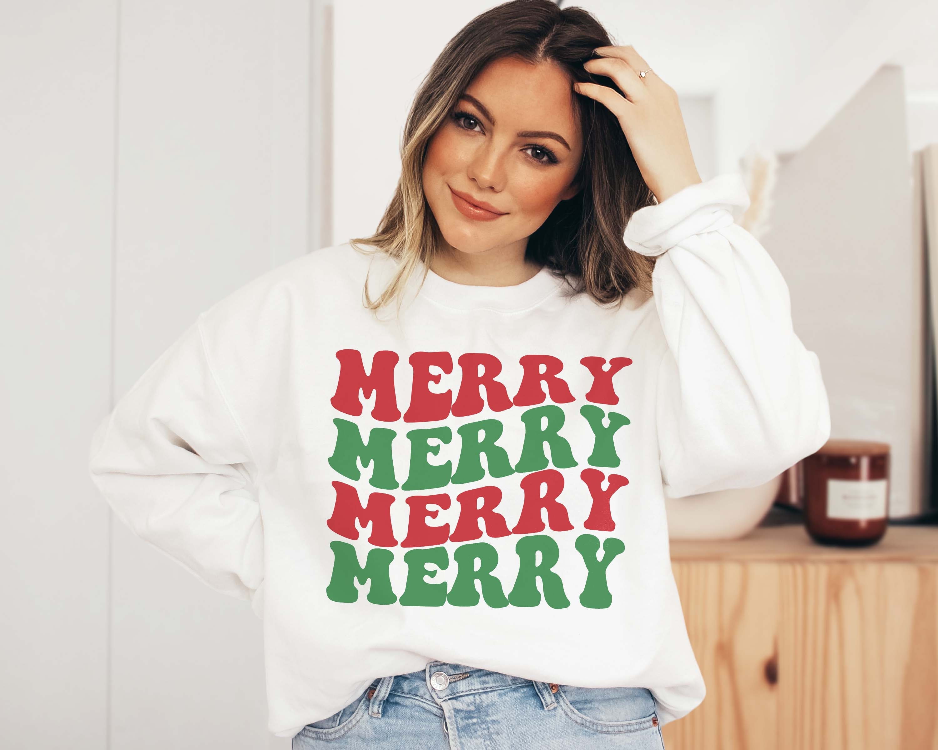 Funky Merry Sweatshirt, Trendy Christmas Sweatshirt, Retro Christmas,  Holiday Sweater, Womens Holiday Apparel, Xmas Sweatshirts for Women 