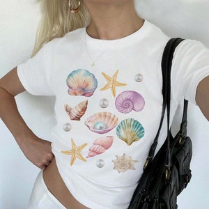 Seashell Baby Tee, Beach Baby Tee, 90s Y2K Tee,summer Baby Tee, Seashell Starfish Ocean Pearls ...