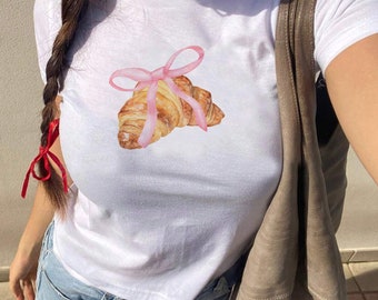 Bonita camiseta de bebé con croissant, camiseta con lazo de cinta rosa, camiseta Y2k, top bonito, camiseta estampada para bebé, camiseta de los 90 para bebé, camiseta divertida francesa