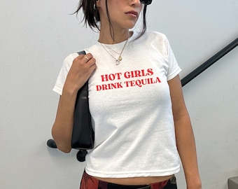 Hot Girls Drink Tequila Baby Tee, Cute Shirt, Margarita Shirt, Vintage Tee, Y2K Aesthetic, Cocktail Tshirt, Tequila Top, Margarita Time