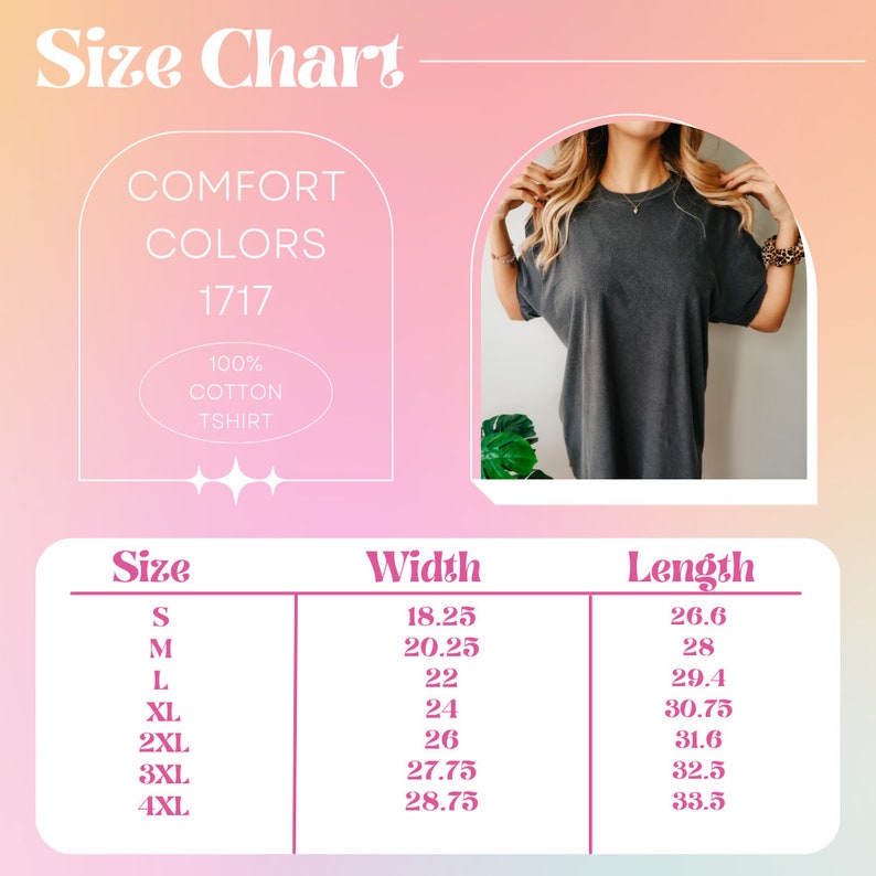 Op de afbeelding: Maattabel voor een T-shirt met afmetingen in inches voor breedte en lengte. De maten vari&euml;ren van S tot 4XL. Comfort Colors 1717 100% katoenen T-shirt.