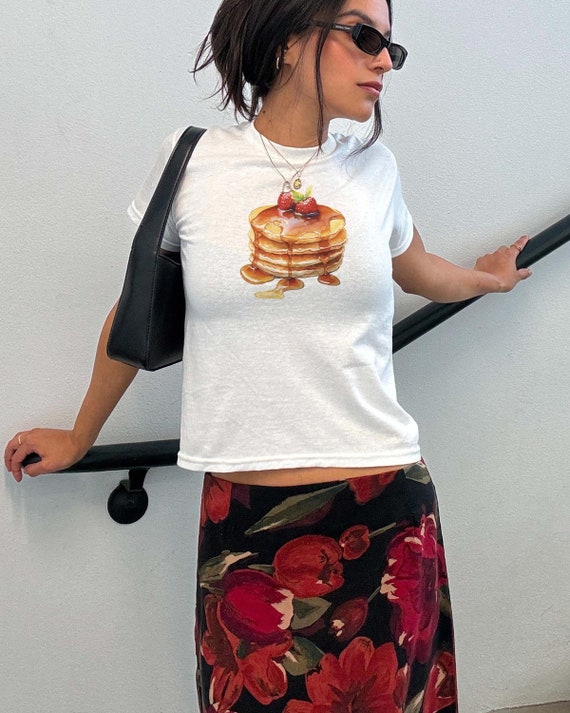 Pancakes Baby Tee, Pancakes Shirt, Breakfast Shirt, Vintage Tee, Pancakes Graphic T-Shirt, 2000s Aesthetic Tee, y2k tee, Gift For Her, 90s