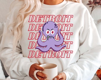 Detroit Sweatshirt - Unisex Sweatshirt - Detroit Sweatshirt - Detroit Crewneck - Purple Octopus Sweatshirt- Vintage Detroit