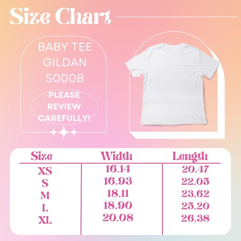 May include: Size chart for a baby tee, made by Gildan, model 5000B. The chart shows the width and length measurements in inches for sizes XS, S, M, L, and XL.