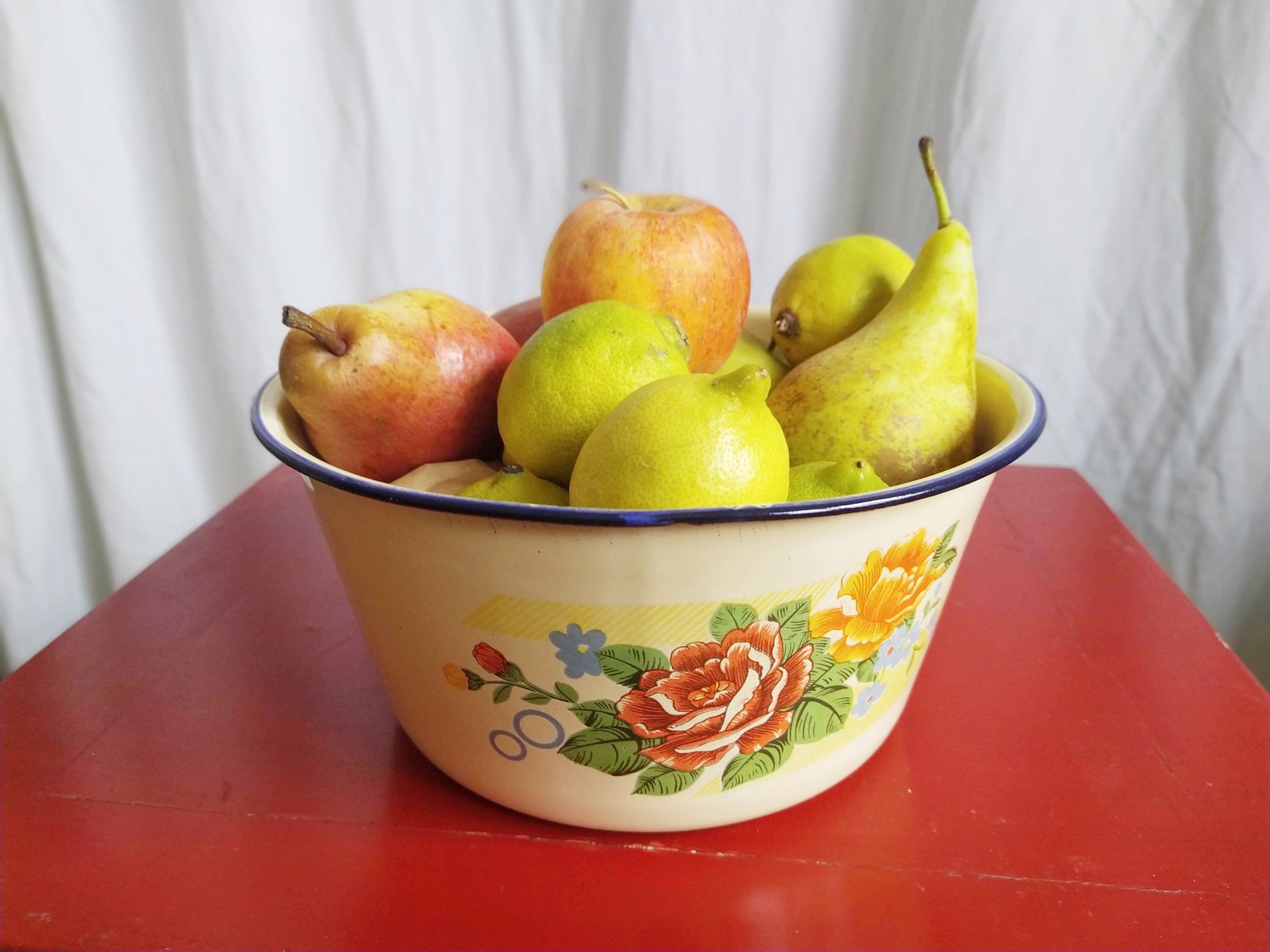 Soupière Émaillée, Panière à Fruits, Motifs Fleuris, Originale