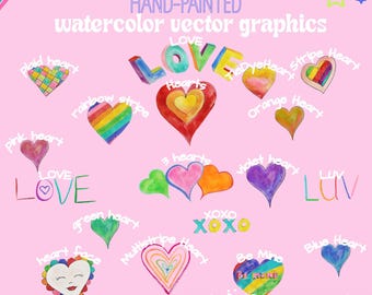 May include: A digital pack of 17 hand-painted watercolor vector graphics featuring hearts in various colors and patterns, including rainbow, plaid, and multi-stripe. The graphics also include the words "LOVE" and "LUV" in different styles.