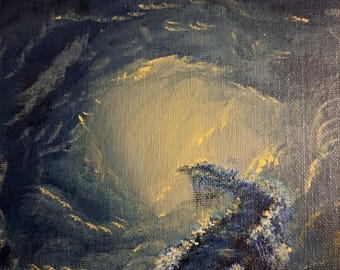 Original Blue Fantasy Painting, Framed 9x12 Acrylic Art, Where Sorrow Lifts