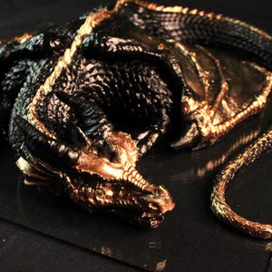 Dravak – Warden of Molten Silence | Black & Bronze Resin Dragon Sculpture | Fantasy Decor | Crystal Guardian | Lorewoven Art Original