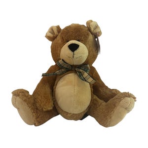 Russ Plush Golden Honey Bear, Green Plaid Necktie, Stuffed Animal, Barron Bear, Seated Bear, Ear Hang Tag, Non-Jointed Plush, Approx 11"