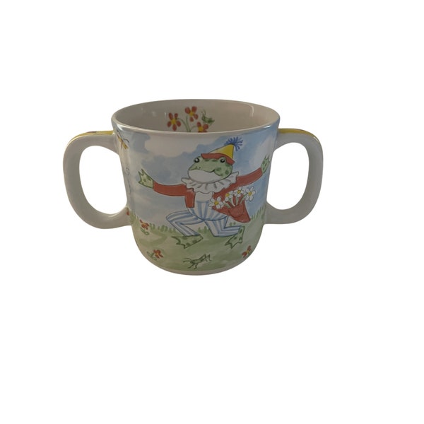 Frog Garden Two-Handled Mug, Floral Cup, Kelly B Rightsell KBR, Child Mug, Gift, Breakable Drinkware, 6 Fluid Oz, Made in Portugal