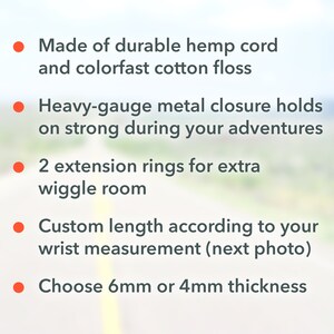 Peut inclure: Liste des caract&eacute;ristiques d'un bracelet en cordon de chanvre. Le bracelet est fait de cordon de chanvre durable et de fil de coton r&eacute;sistant &agrave; la d&eacute;coloration. Il est dot&eacute; d'une fermeture en m&eacute;tal robuste, de 2 anneaux d'extension pour plus de libert&eacute; de mouvement et est disponible en 6 mm ou 4 mm d'&eacute;paisseur.