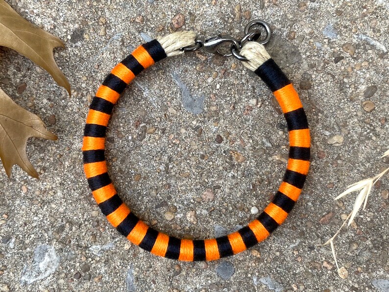 Peut inclure: Un collier de chien en corde ray&eacute; noir et orange avec une boucle argent&eacute;e.