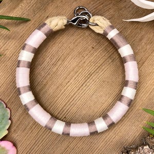 May include: A pink and brown striped dog collar with a silver clasp.