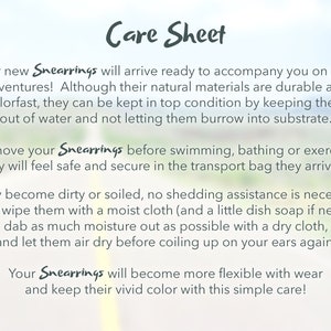 Peut inclure: Fiche d'entretien pour les Snearrings, expliquant comment les garder propres et en bon &eacute;tat. Le texte mentionne l'utilisation d'un chiffon humide et un peu de savon &agrave; vaisselle si n&eacute;cessaire, l'essuyage de l'humidit&eacute; avec un chiffon sec et le s&eacute;chage &agrave; l'air libre avant de les enrouler sur vos oreilles.