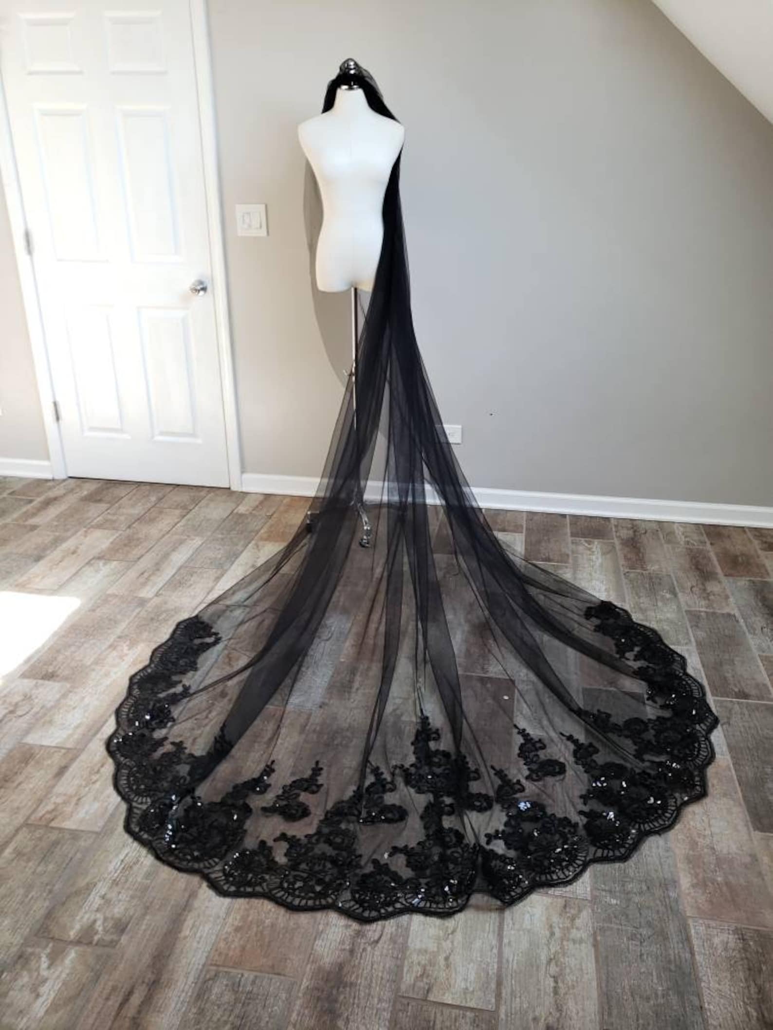 Black Wedding Veil Black Lace Edge Wedding Veil Black Sequin Etsy