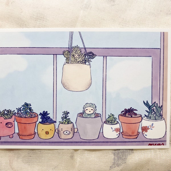 Succulents on Windowsill Art Print