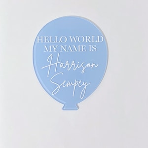 May include: A light blue balloon-shaped acrylic sign with the text "Hello World My Name Is Harrison Sempey" in white.