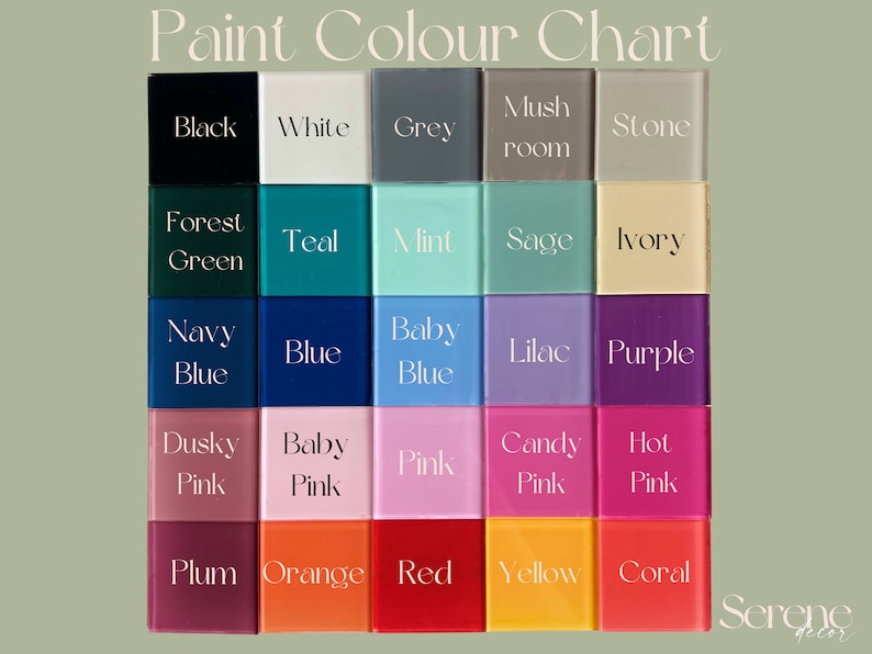 May include: Paint color chart with 25 color swatches. The colors are: black, white, grey, mush room, stone, forest green, teal, mint, sage, ivory, navy blue, blue, baby blue, lilac, purple, dusky pink, baby pink, pink, candy pink, hot pink, plum, orange, red, yellow, and coral.
