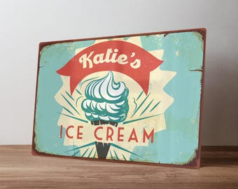 Personalised Retro Ice Cream Sign – Custom 1950s Metal Kitchen Decor – Vintage Dessert Bar Art in A5, A4, A3