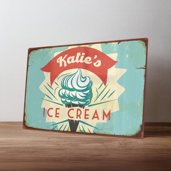 Personalised Retro Ice Cream Sign – Custom 1950s Metal Kitchen Decor – Vintage Dessert Bar Art in A5, A4, A3