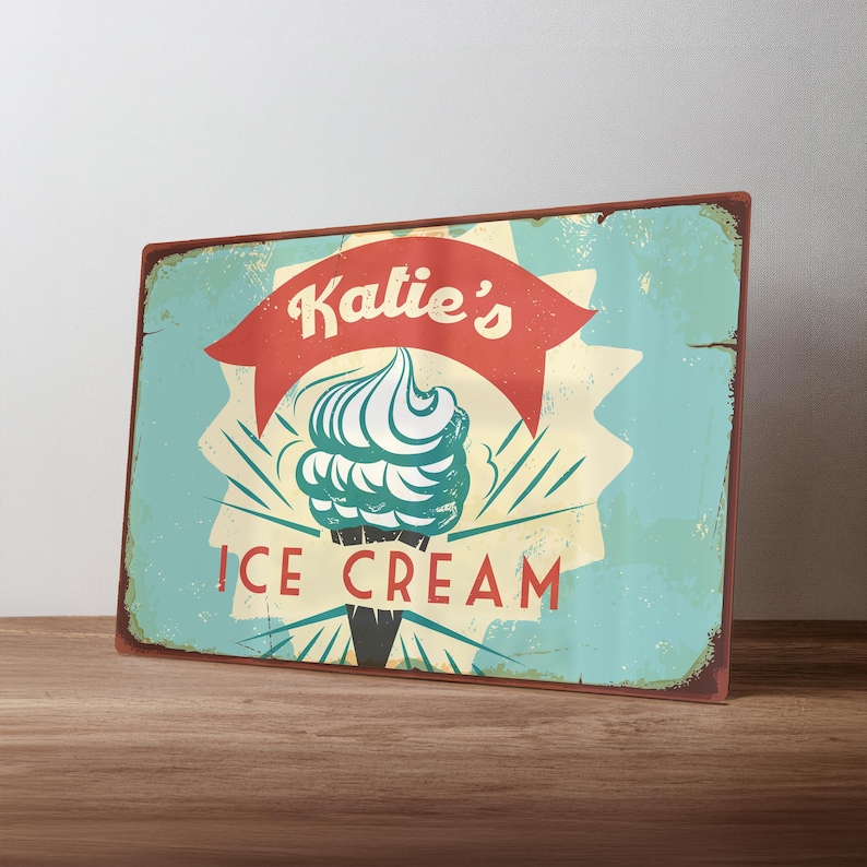 Personalised Retro Ice Cream Sign – Custom 1950s Metal Kitchen Decor – Vintage Dessert Bar Art in A5, A4, A3 image 1