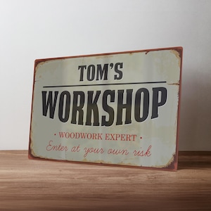 Personalised Workshop Sign – Custom Garage Rustic Metal Wall Art – Workshop Decor in A5, A4, A3
