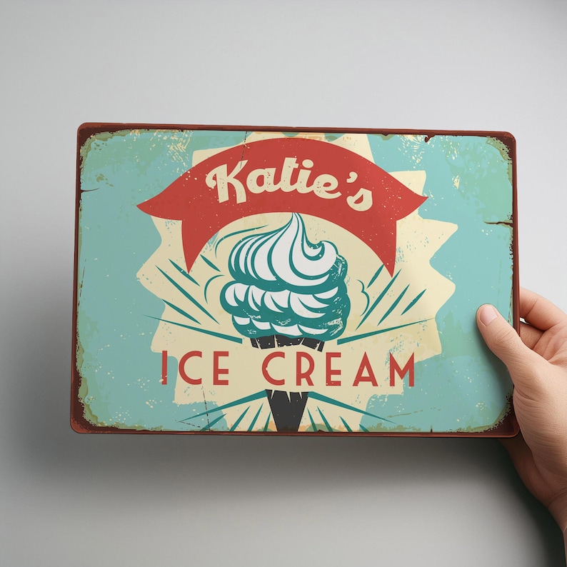 Personalised metal ice cream sign printed on durable metal perfect for parlour wall decor, retro vintage style displays, or rustic kitchen settings unique printed plaque ideal as a fun gift idea for ice cream lovers