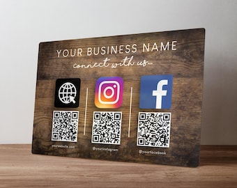Custom QR Code Social Media and Review Sign – Personalised Metal Business Plaque – Salon & Shop Instagram Sign in A5, A4, A3