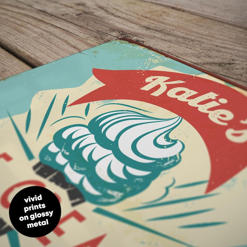 Custom retro ice cream wall sign with printed design great for parlours, home dessert stations, or café interiors personalised decor and unique gift idea for sweet treat fans and ice cream enthusiasts