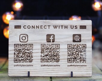 Personalised Wooden Social Media Countertop Sign with QR Code Custom Business Display