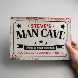 Personalised Man Cave Sign: Rustic Home Bar Decor, Custom Printed Aluminium