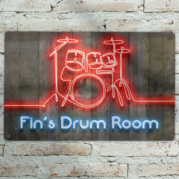 Neon Effect Drum Room Sign / Personalised Drumming / Wall Sign / Metal Wall Plaque / Music Room / Custom Gift / Printed Sign / Drum Kit