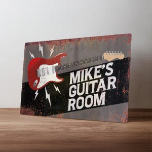 Personalised Guitar Room Sign – Custom Metal Music Studio Decor – Guitarist Wall Art in A5, A4, A3