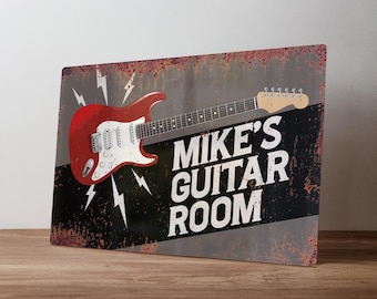 Personalised Guitar Room Sign – Custom Metal Music Studio Decor – Guitarist Wall Art in A5, A4, A3