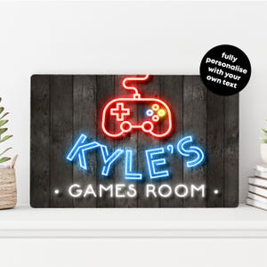 Personalised Games Room Sign: Custom Neon Style Printed Wall Art