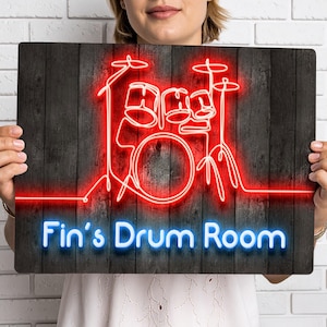 Personalised Neon Effect Drum Room Sign: Music Studio Decor