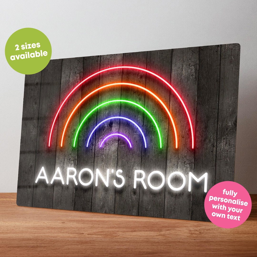 Rainbow Bedroom Sign – Neon Effect Wall Art, Personalised Bedroom Door ...