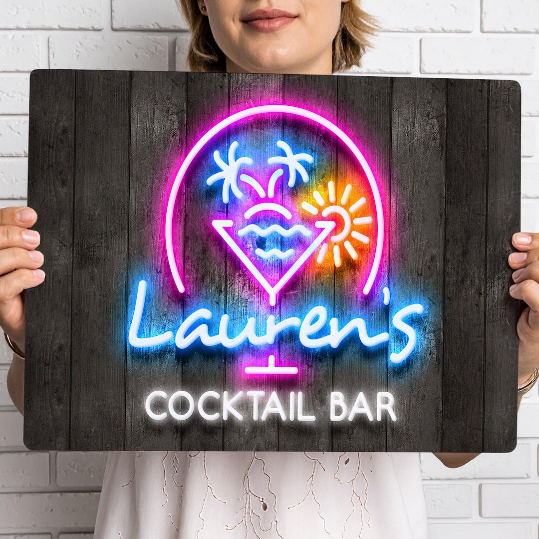 Personalised Neon Effect Cocktail Bar Sign Custom Printed Metal Garden ...