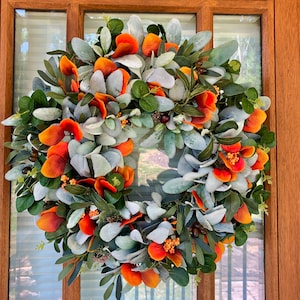 Fall Wreath For Front Door, Lambs Ear, Orange Eucalyptus, Olives Leaves, Green Eucalyptus, Porch Hanger, Autumn Wall Decor, One Of A Kind