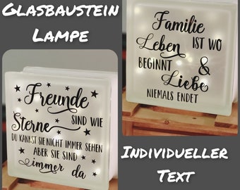 Glasbaustein Lampe mit Text individuell gestalten beleuchtet Lichterkette Batterien