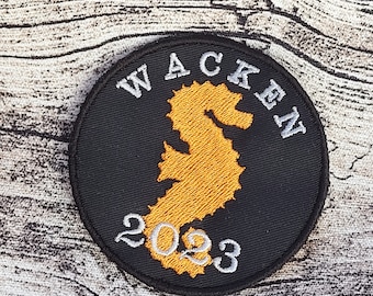 Patch "WACKEN 2023" rund gestickt aufbügeln Seepferdchen Stick Klett Kletti schwarz weiß orange Aufnäher