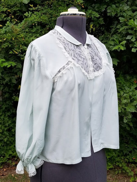 Vintage pale blue Textron silk and lace bed jacket