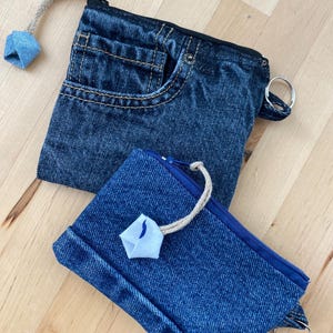 Unique Cute Blue denim Key ring zipper pouch with fabric flower zipper pull, upcycled keyring bag,  jeans coin purse, blue gift card holder
