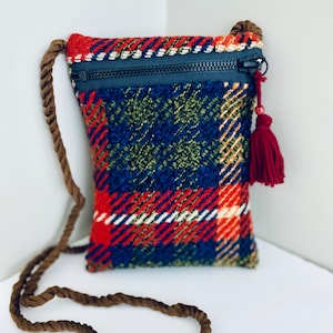 Bolso bandolera de lana con cremallera, manta a cuadros reciclada, bolsa, bolso de viaje, bolso de mano libre, regalo de viaje, billetera para teléfono, regalo de cumpleaños unisex