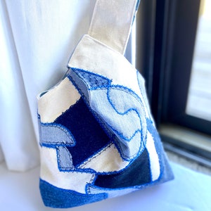 Handmade Japanese Knot Bag: Scrappy Denim & Canvas Abstract Wristlet