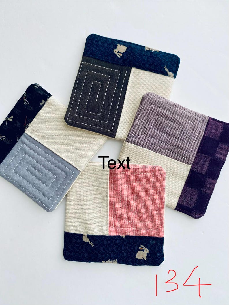 Conjunto de 4 porta-copos acolchoados em tecido japonês, estilo patchwork minimalista. Set 134