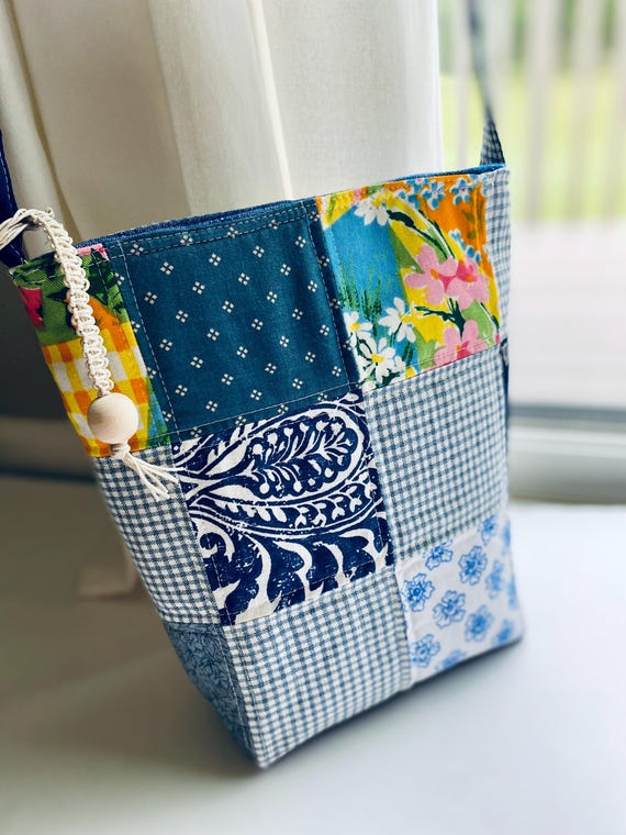 Blue Floral Quilted Patchwork Tote Bag: Handmade Fabric Handbag