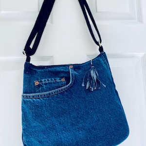 Sac à bandoulière/épaule en denim bleu bicolore, fermeture à glissière, nombreuses poches, bandoulière réglable Sac en denim bleu, cadeau d'anniversaire unisexe